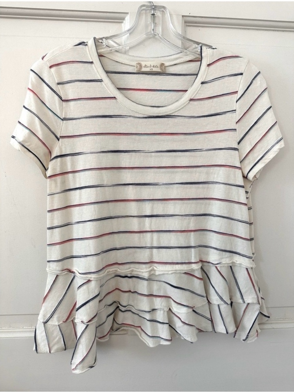 Altar’d State Cream Red Blue Cotton Painter Striped Peplum Short Sleeve Tee